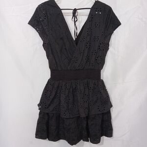 American Eagle Tiered Ruffle Smocked Eyelet Garden Party Wrap Dress Black Sz S